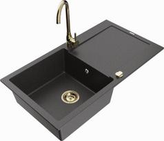 Granitinė virtuvinė plautuvė Mexen Leo su maišytuvu ir sifonu, Black granite+Gold