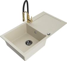 Granitinė virtuvinė plautuvė Mexen Leo su maišytuvu ir sifonu, Beige+Black/Gold