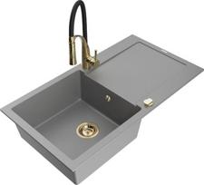 Granitinė virtuvinė plautuvė Mexen Leo su maišytuvu ir sifonu, Grey+Black/Gold