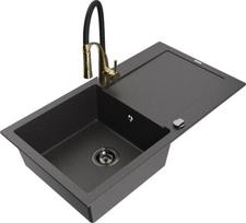 Granitinė virtuvinė plautuvė Mexen Leo su maišytuvu ir sifonu, Black granite+Black/Gold