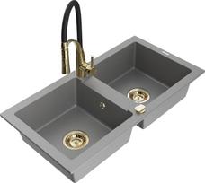 Granitinė virtuvinė plautuvė Mexen Mario su maišytuvu ir sifonu, Grey+Black/Gold