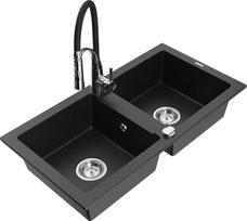 Granitinė virtuvinė plautuvė Mexen Mario su maišytuvu ir sifonu, Metallic black/gold+Black/Chrome