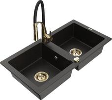 Granitinė virtuvinė plautuvė Mexen Mario su maišytuvu ir sifonu, Metallic black/gold+Black/Gold