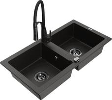 Granitinė virtuvinė plautuvė Mexen Mario su maišytuvu ir sifonu, Metallic black/gold+Black