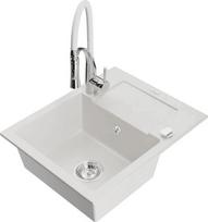 Granitinė virtuvinė plautuvė Mexen Enzo su maišytuvu ir sifonu, White+White/Chrome