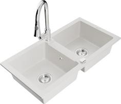 Granitinė virtuvinė plautuvė Mexen Mario su maišytuvu ir sifonu, White+Chrome