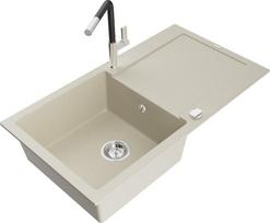 Granitinė virtuvinė plautuvė Mexen Leo su maišytuvu ir sifonu, Beige+Black/Chrome