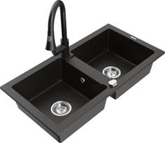 Granitinė virtuvinė plautuvė Mexen Mario su maišytuvu ir sifonu, Metallic black/gold+Black