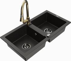 Granitinė virtuvinė plautuvė Mexen Mario su maišytuvu ir sifonu, Metallic black/gold+Gold