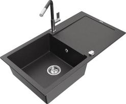 Granitinė virtuvinė plautuvė Mexen Leo su maišytuvu ir sifonu, Black granite+Black granite/Chrome