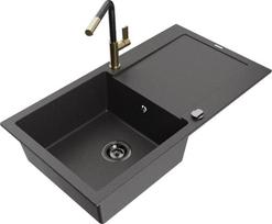 Granitinė virtuvinė plautuvė Mexen Leo su maišytuvu ir sifonu, Black granite+Black granite/Gold