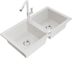 Granitinė virtuvinė plautuvė Mexen Mario su maišytuvu ir sifonu, White+White/Chrome