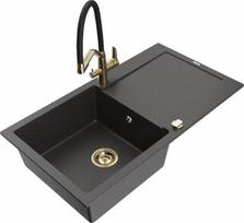 Granitinė virtuvinė plautuvė Mexen Leo su maišytuvu ir sifonu, Black granite+Black/Gold