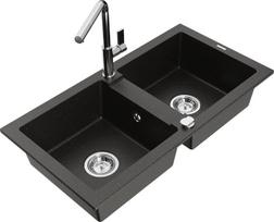 Granitinė virtuvinė plautuvė Mexen Mario su maišytuvu ir sifonu, Metallic black/gold+Chrome