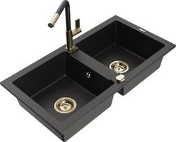Granitinė virtuvinė plautuvė Mexen Mario su maišytuvu ir sifonu, Metallic black/gold+Black/Gold