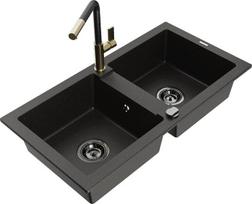 Granitinė virtuvinė plautuvė Mexen Mario su maišytuvu ir sifonu, Metallic black/gold+Black/Gold