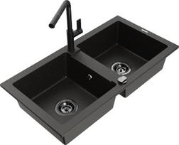 Granitinė virtuvinė plautuvė Mexen Mario su maišytuvu ir sifonu, Metallic black/gold+Black