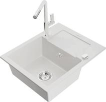 Granitinė virtuvinė plautuvė Mexen Enzo su maišytuvu ir sifonu, White+White/Chrome