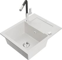 Granitinė virtuvinė plautuvė Mexen Enzo su maišytuvu ir sifonu, White+Black/Chrome