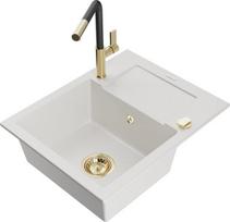 Granitinė virtuvinė plautuvė Mexen Enzo su maišytuvu ir sifonu, White+Black/Gold