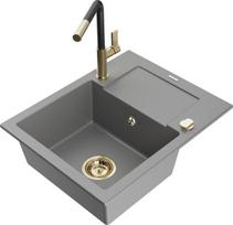 Granitinė virtuvinė plautuvė Mexen Enzo su maišytuvu ir sifonu, Grey+Black/Gold