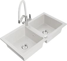 Granitinė virtuvinė plautuvė Mexen Mario su maišytuvu ir sifonu, White+White/Chrome