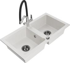 Granitinė virtuvinė plautuvė Mexen Mario su maišytuvu ir sifonu, White+Black/Chrome