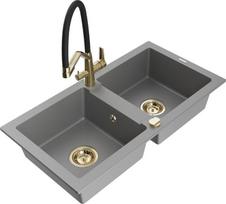 Granitinė virtuvinė plautuvė Mexen Mario su maišytuvu ir sifonu, Grey+Black/Gold