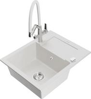 Granitinė virtuvinė plautuvė Mexen Enzo su maišytuvu ir sifonu, White+White/Chrome