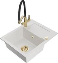 Granitinė virtuvinė plautuvė Mexen Enzo su maišytuvu ir sifonu, White+Black/Gold