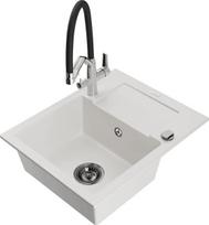 Granitinė virtuvinė plautuvė Mexen Enzo su maišytuvu ir sifonu, White+Black/Chrome