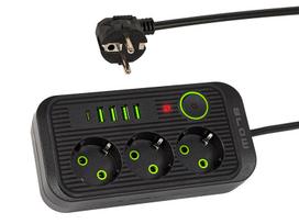 PS-330S 3 lizdų tinklo ilgintuvas 4xUSB 1xUSB-C 3m juodas 2x1mm