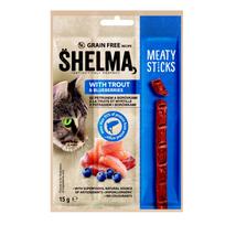 Skanėstas katėms Shelma Sticks with trout and blueberries GF pagaliukai su upėtakiu ir mėlynėmis, 15 g, 1 vnt.
