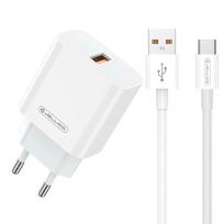 Jellico AK-165 USB 22.5W QC 3.0 išmanusis greitasis įkroviklis 1x USB (5-12V) + USB į USB-C laidas 1m, baltas