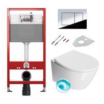 TECEbase klozeto rėmas su chromo spalvos vandens nuleidimo plokštele ir GSI Modo pakabinamas klozetas su SWIRLFLUSH® nuplovimo sistema
