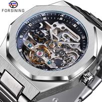 Trendy Men Mechanical Watch Automatic Tourbillon Skeleton Diamond Watches Silver Stainless Steel Wristwatches Luminous juoda/sidabras