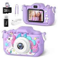 Skaitmeninis fotoaparatas Vaikų mini fotoaparatas Cartoon Unicorn žaislai mergaitėms berniukams gimtadienio dovanos 1080P HD 2 colių ekranas su 32G SD kortele Įrašyti gyvenimą kamera Violetinė B02