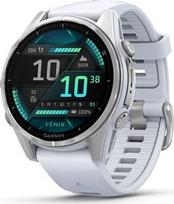 Garmin fenix 8 43mm išmanusis laikrodis su AMOLED ekranu - sidabrinis su baltojo akmens spalvos silikoniniu dirželiu