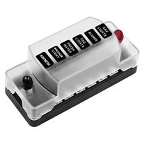 Automobilio ilgas 6 vietų nepriklausomas teigiamas ir neigiamas poliai saugiklių dėžutė, be saugiklių ašmenų, 1 įėjimas ir 6 išėjimai su lipdukais 12*5*5.2cm matinė balta spalva/juoda