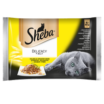 SHEBA paketėlis 4x85g Delicacy in Jelly - Paukštienos skoniai - drėgnas kačių maistas želė (su vištiena, su kalakutiena, su antiena, su paukštiena)