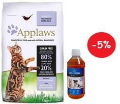 Applaws Adult Chicken with Extra Duck Sausas maistas katei 7,5kg + LAB V Lašišų aliejus šunims ir katėms 500ml