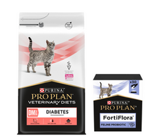 PURINA Veterinary PVD DM Diabetes Management Cat 5kg + PURINA PVD FortiFlora Cat 30 paketėlių