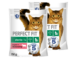 PERFECT FIT (sterilus 1+) 2x750g jautienos turtingas sausas ėdalas katėms po sterilizacijos