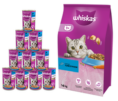 WHISKAS Adult 14kg - sausas kačių maistas su tunu ir daržovėmis + WHISKAS Adult skardinė 10x400g