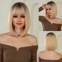 HAIRCUBE trumpi BOB tiesūs perukai šviesiai geltoni ombre plaukai su kirpčiukais, karščiui atsparūs sintetiniai perukai moterims, natūralūs, vakarėlių perukai