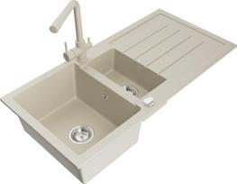 Granitinė virtuvinė plautuvė Mexen Andres su maišytuvu ir sifonu, Beige
