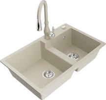 Granitinė virtuvinė plautuvė Mexen Tomas su maišytuvu ir sifonu, Beige