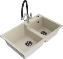 Granitinė virtuvinė plautuvė Mexen Tomas su maišytuvu ir sifonu, Beige/Black/Chrome