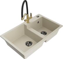 Granitinė virtuvinė plautuvė Mexen Tomas su maišytuvu ir sifonu, Beige/Black/Gold