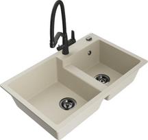 Granitinė virtuvinė plautuvė Mexen Tomas su maišytuvu ir sifonu, Beige/Black